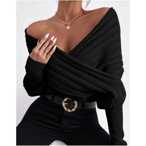 Bellanblue Sweaters - Black Off Shoulder Chunky Knit Overlap Wrap Sweater Top